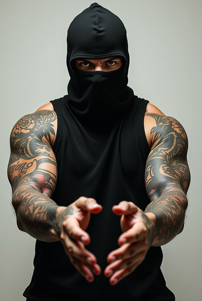 Tattooed white man with tattoo on his arms and chest, muscular black hair in a social cut blue eyes, wearing a black skull mask. He is wearing jeans with a bare chest
