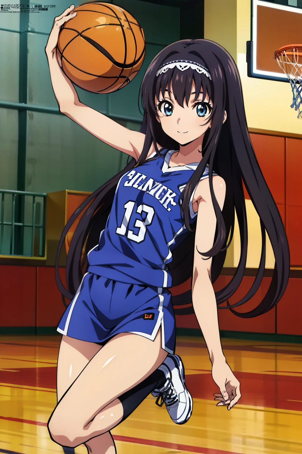 1 girl, cute, black hair, long hair, ((hair band)), (smile), (basketball uniform), (jumping, dynamic posing), (in front of basketball teams in the high school gym), (anime cels style, Masterpiece, best quality, high resolution, anime colored, megami magazine:1.2, anime poster style, anime keyvisual, sharp, 8k, photorealistic), beautiful blue eyes, 