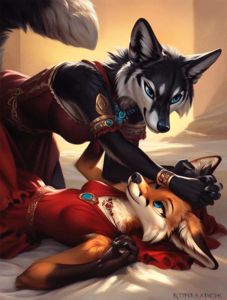 score_9, score_8_up, score_7_up, source_furry, rating_safe, by kenket, anthro, duo, female/female, wolf, black body, blue eyes, fox, white body, doggy style, on back, face to face, holding hands, legs, determination, amusement, fullbody portrait, dresses
