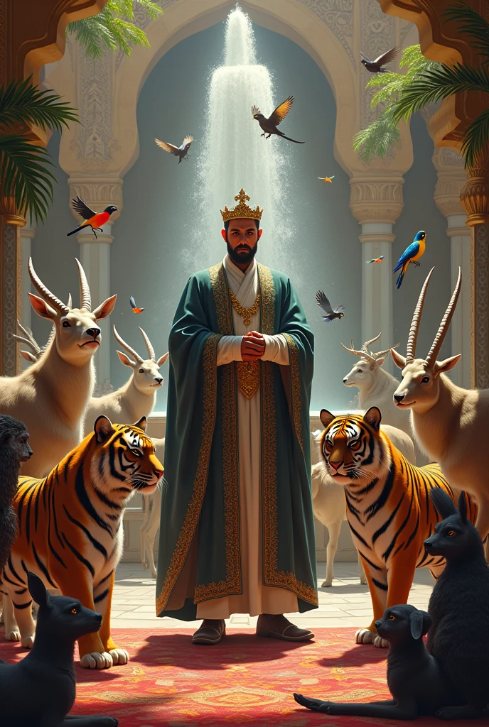 A handsome handsome man without a shirt wearing a golden pants with a crown sitting on a king&#39;s chair, thin and white skinned, in the desert with a desert palm tree behind a lake and a peacock with two leopards at his side, a rug under his feet, two men looking at him, blowing on him with the palm leaf