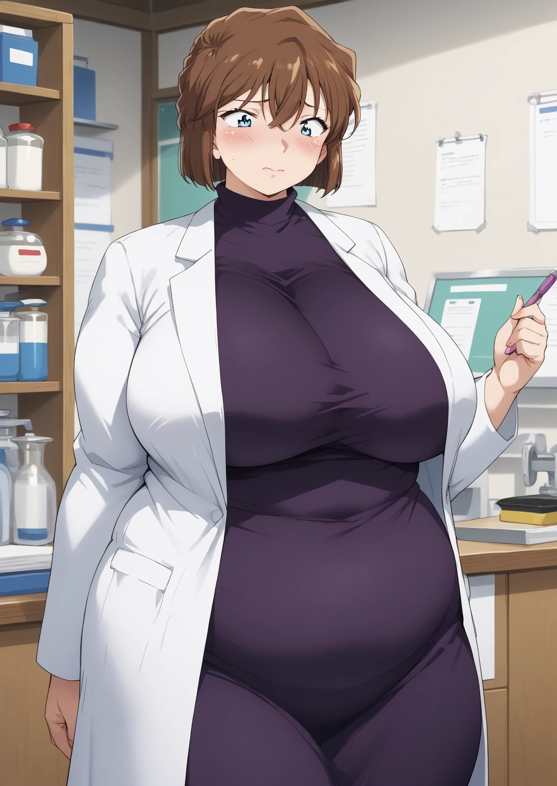 Shiho Miyano, Miyano Shiho, short hair,Brown Hair, blue eyes,hair between eyes,lab coat, Mulberry dress, long sleeve dress, mini skirt dress, score_9,   score_8_ up,   score_7_ up,   score_6_ up,   score_5_ up,   score_4_ up,     masterpiece   ,   top quality,     very aesthetic  ,    absurd,    source_Anime, Anime screencap,    one woman , Alone,   personal   ,  Super huge breasts, (((S uper huge クレビス, Super huge , Super huge boob))), Curvy,   in her 20s,  Mature Woman,   obese , ,  troubled expression,  ssbbw,  embarrassed expression