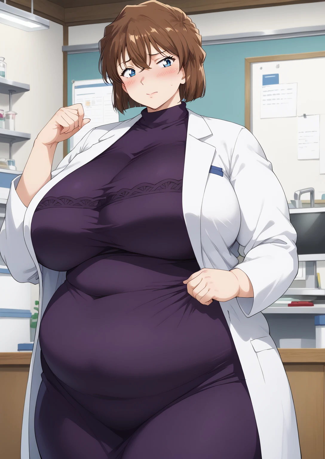 Shiho Miyano, Miyano Shiho, short hair,Brown Hair, blue eyes,hair between eyes,lab coat, Mulberry dress, long sleeve dress, mini skirt dress, score_9,   score_8_ up,   score_7_ up,   score_6_ up,   score_5_ up,   score_4_ up,     masterpiece   ,   top quality,     very aesthetic  ,    absurd,    source_Anime, Anime screencap,    one woman , Alone,   personal   ,  Super huge breasts, (((S uper huge クレビス, Super huge , Super huge boob))), Curvy,   in her 20s,  Mature Woman,   obese , ,  troubled expression,  ssbbw,  embarrassed expression