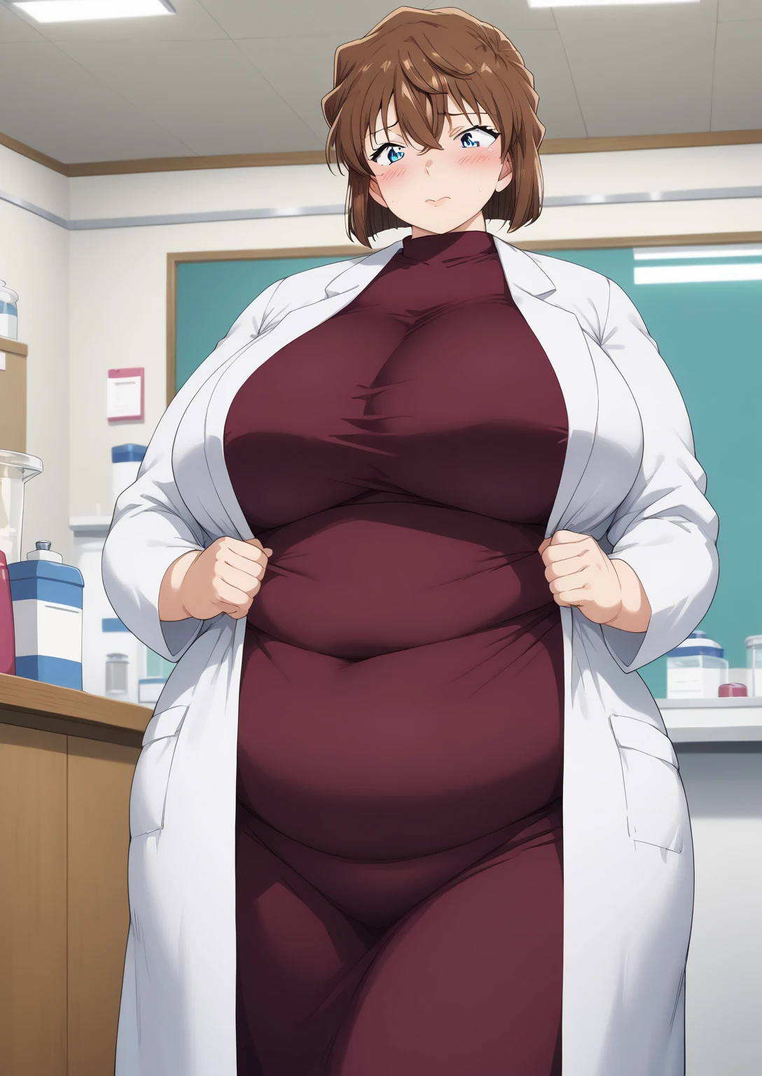 Shiho Miyano, Miyano Shiho, short hair,Brown Hair, blue eyes,hair between eyes,lab coat, Mulberry dress, long sleeve dress, mini skirt dress, score_9,   score_8_ up,   score_7_ up,   score_6_ up,   score_5_ up,   score_4_ up,     masterpiece   ,   top quality,     very aesthetic  ,    absurd,    source_Anime, Anime screencap,    one woman , Alone,   personal   ,  Super huge breasts, (((S uper huge クレビス, Super huge , Super huge boob))), Curvy,   in her 20s,  Mature Woman,   obese , ,  troubled expression,  ssbbw,  embarrassed expression