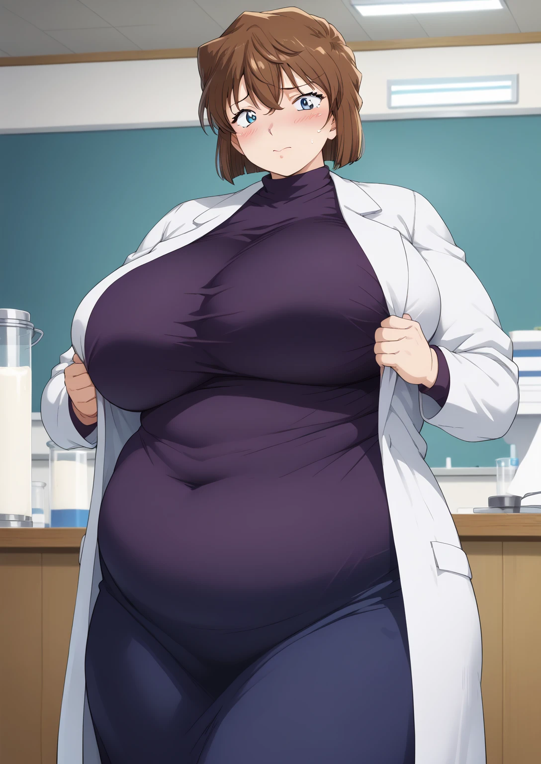 Shiho Miyano, Miyano Shiho, short hair,Brown Hair, blue eyes,hair between eyes,lab coat, Mulberry dress, long sleeve dress, mini skirt dress, score_9,   score_8_ up,   score_7_ up,   score_6_ up,   score_5_ up,   score_4_ up,     masterpiece   ,   top quality,     very aesthetic  ,    absurd,    source_Anime, Anime screencap,    one woman , Alone,   personal   ,  Super huge breasts, (((S uper huge クレビス, Super huge , Super huge boob))), Curvy,   in her 20s,  Mature Woman,   obese , ,  troubled expression,  ssbbw,  embarrassed expression