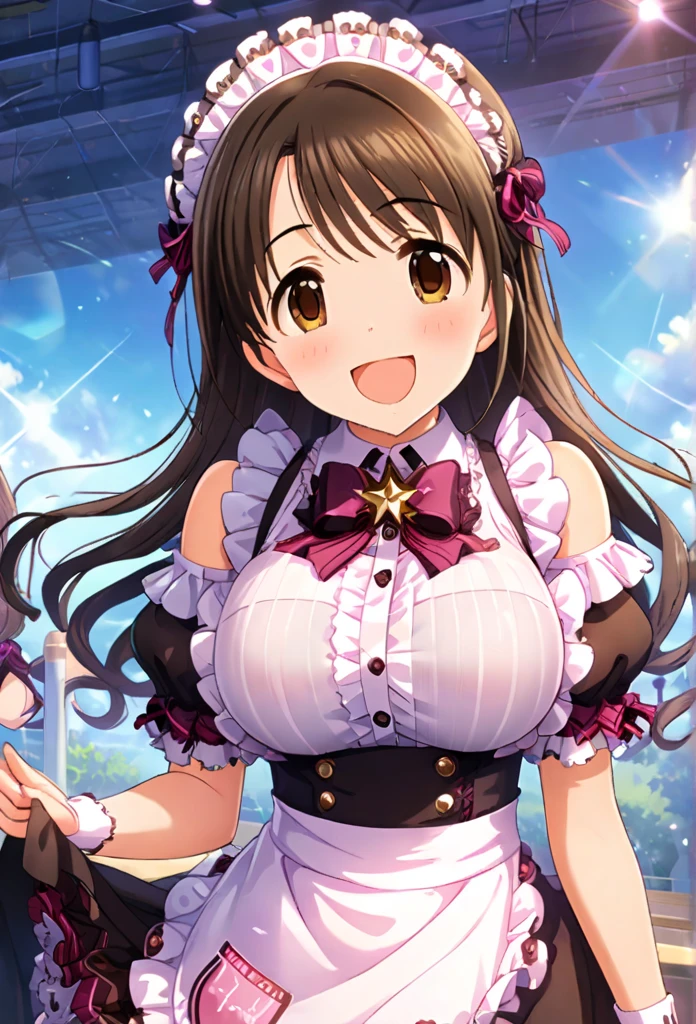 Shimamura Uzuki, ( top quality , 8k, masterpiece,  very detailed:1.2), ( Lens Flare , Particles of light, Shine), Big Breasts, smile,   Open Your Mouth , masterpiece,  top quality ,  very detailed,  high definition ,  very detailedなCG, ( Official Art ),  off shoulder, Maid, ( Embarrassing :1.1), (:1.2),   Open Your Mouth , (shout:1.1), (Moving lines:1.1),   blue sky,  cowboy shot