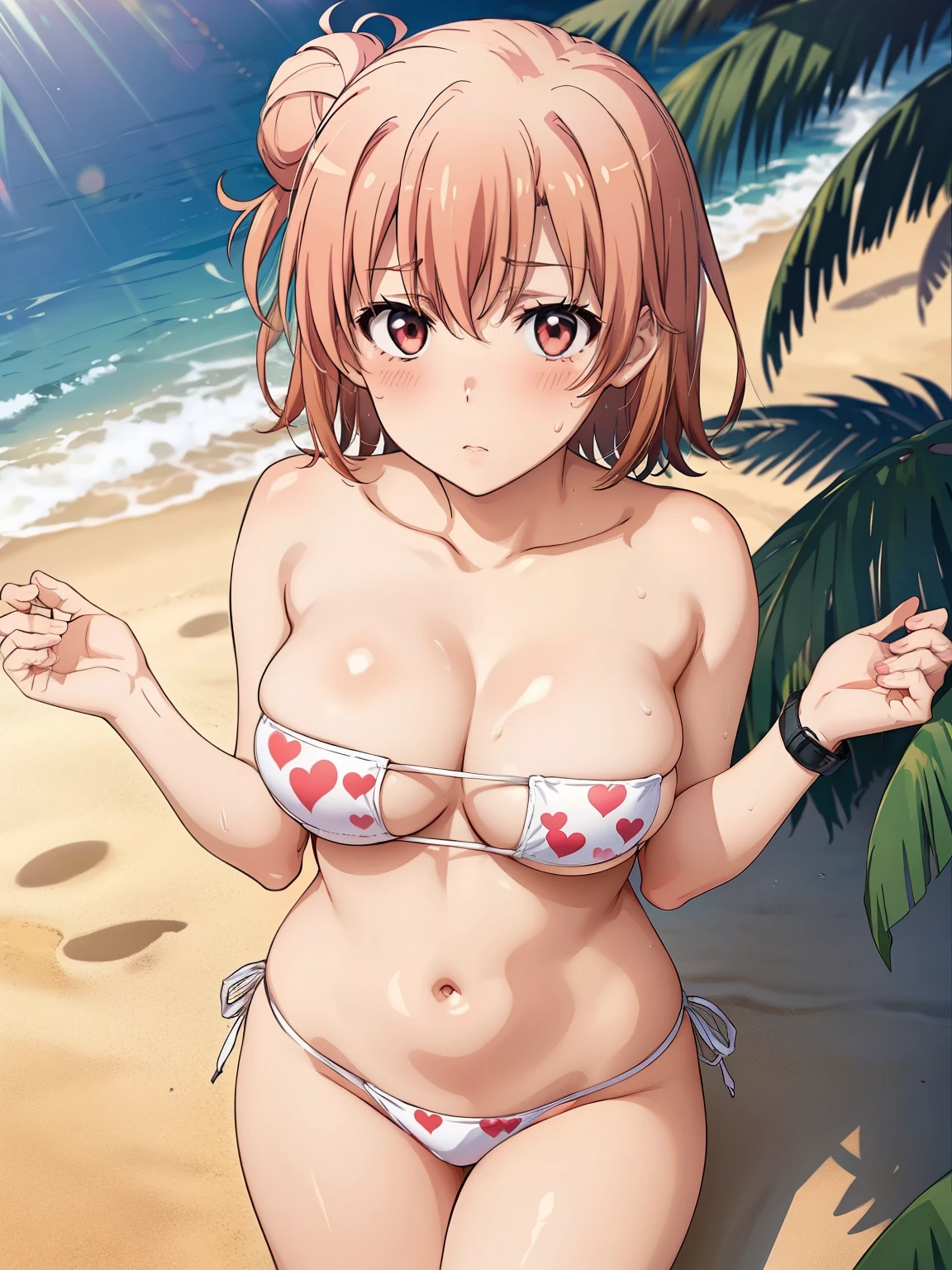 (( top quality ,  high definition ,   Perfect Pixel,  4K)),  (Beautiful anime),  is written by、
 watching viewers , 
 perfect body, 

 Yuigahama Yui, 　
short hair, single hair bun, 

(Big Breasts:1.3)、 cleavage、 from above、


white bikini, Groin、one-heart print bikini, 
Groin、

(blush、sweat:1.3)、

 Watch viewers, 

 Beach 、 palm trees、
summer、sunlight、