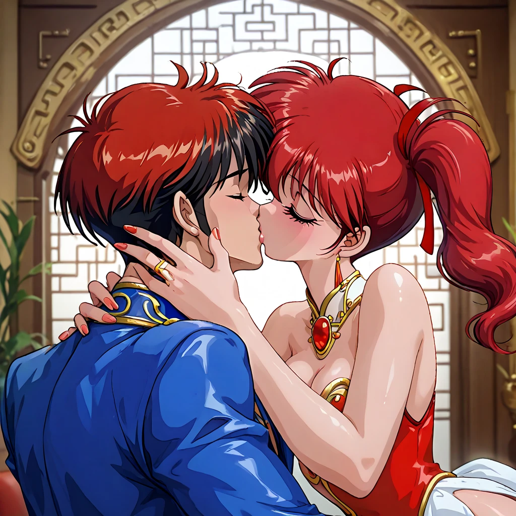 (( top quality )), ((masterpiece)), ( Details), （ perfect face）、Yoko Asagiri with red hair is gorgeous, wears Chinese Communist Party formal attire, hugs a middle-aged Chinese man, kisses her vows, and has a wedding at a gorgeous Chinese palace, and they love each other、Asagiri Yoko became a Chinese wife and dedicated her life for China 