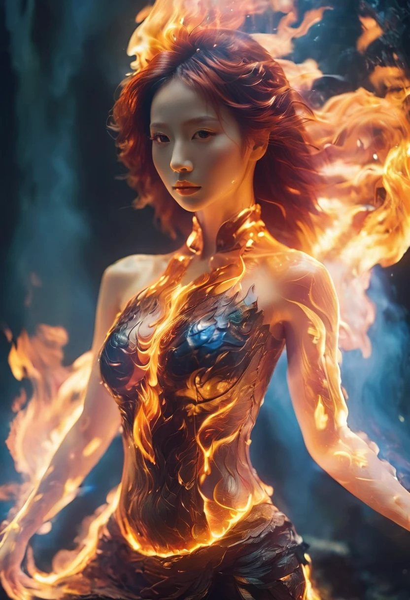 (Flame/flame/loimu，dynamic scene:1.3)，studio photo, Beautiful robot metal woman standing alone, strange fantasy images, Strange glowing rock, The beautiful, Detailed pubic hair, long and flowing hair, medium, great skin texture