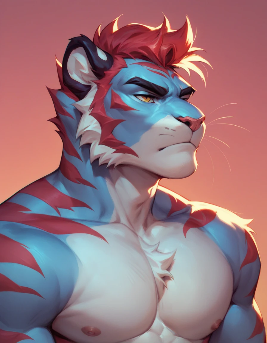 male, antromorfo,  tiger, blue body, red stripes, Serious, adult, limelight, chest, and arms only ,  only the upper part of the body,  Closed mouth ,  in front of the spectator , magenta background.