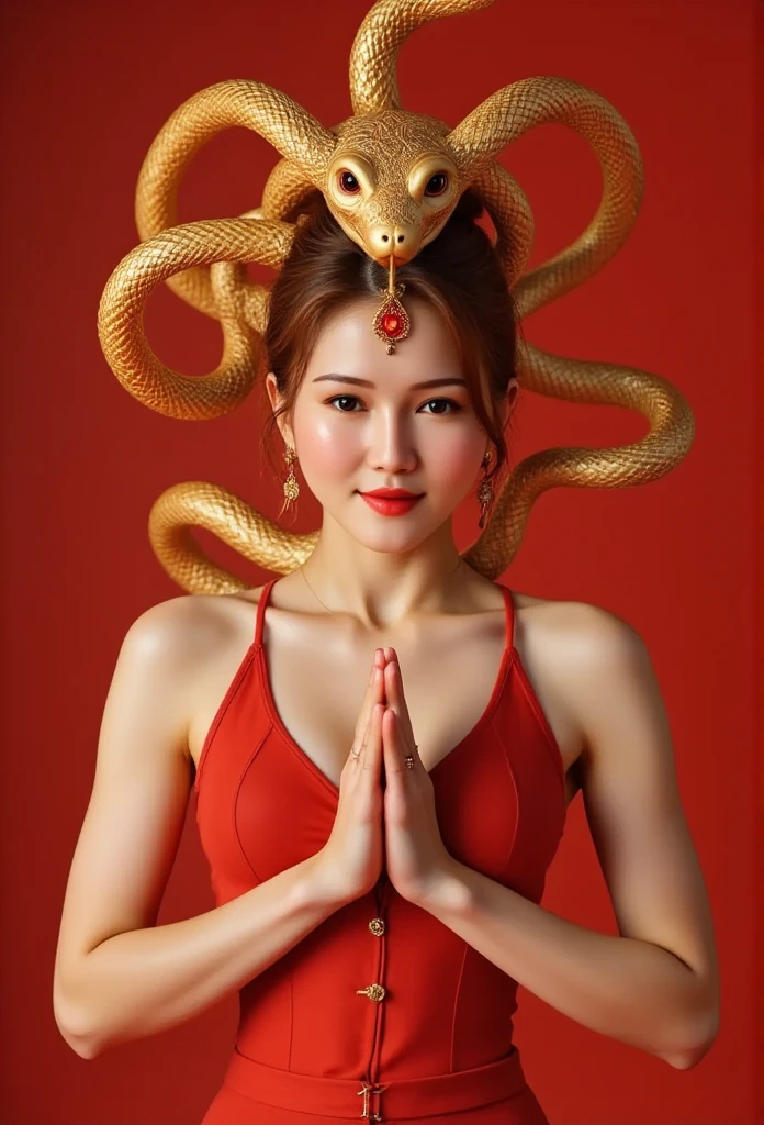 Lisamy, a woman bow your head and thank you, red Tet background have a golden snake Heads on the head