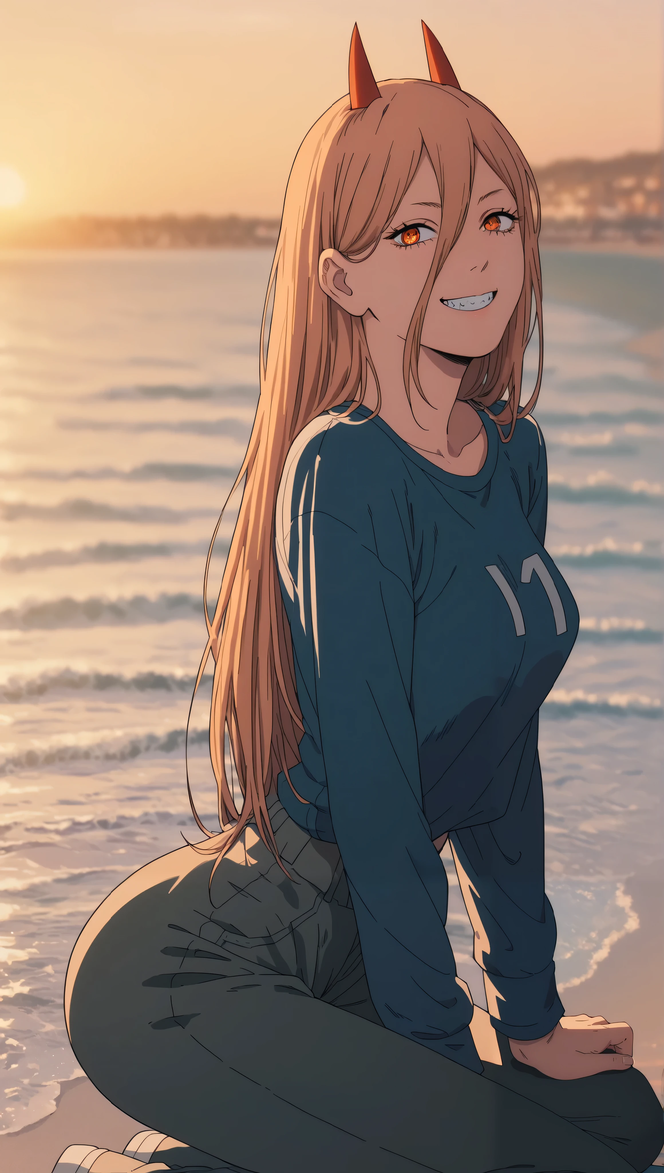 (score_9,score_8,score_7_up,score_6_up)sinozick style，flat color, Power Chainsaw_Man 1girl nice_ass wearing_jumper_or_tshirt long_sleeves wearing_trousers breasts front_view side_view tryiing_to_impress_us harmony sad angry emotional tight_clothes full_body_view, background_of_sunset, nature, beach, enjoying_sunset dynamic_shadows open_eyes looking_at_us watching_us cute kawaii smiling_at_us, random_position position, solo_character, nobody_else