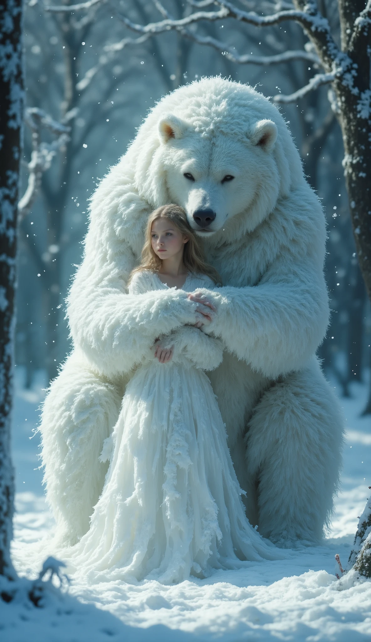 As dawn breaks over the frost-covered landscape, a serene girl stands among trees adorned with rime ice. The soft blue light of early morning enhances the ethereal atmosphere. She is embraced by a giant, thick-bear, its enormous size creating a protective and magical presence. The bear's dense fur blends harmoniously with the intricate ice crystals. Snowflakes swirl around them, adding a whimsical touch to the scene. Her white outfit contrasts beautifully with the bear's fur, amplifying the serene and emotional connection between them.