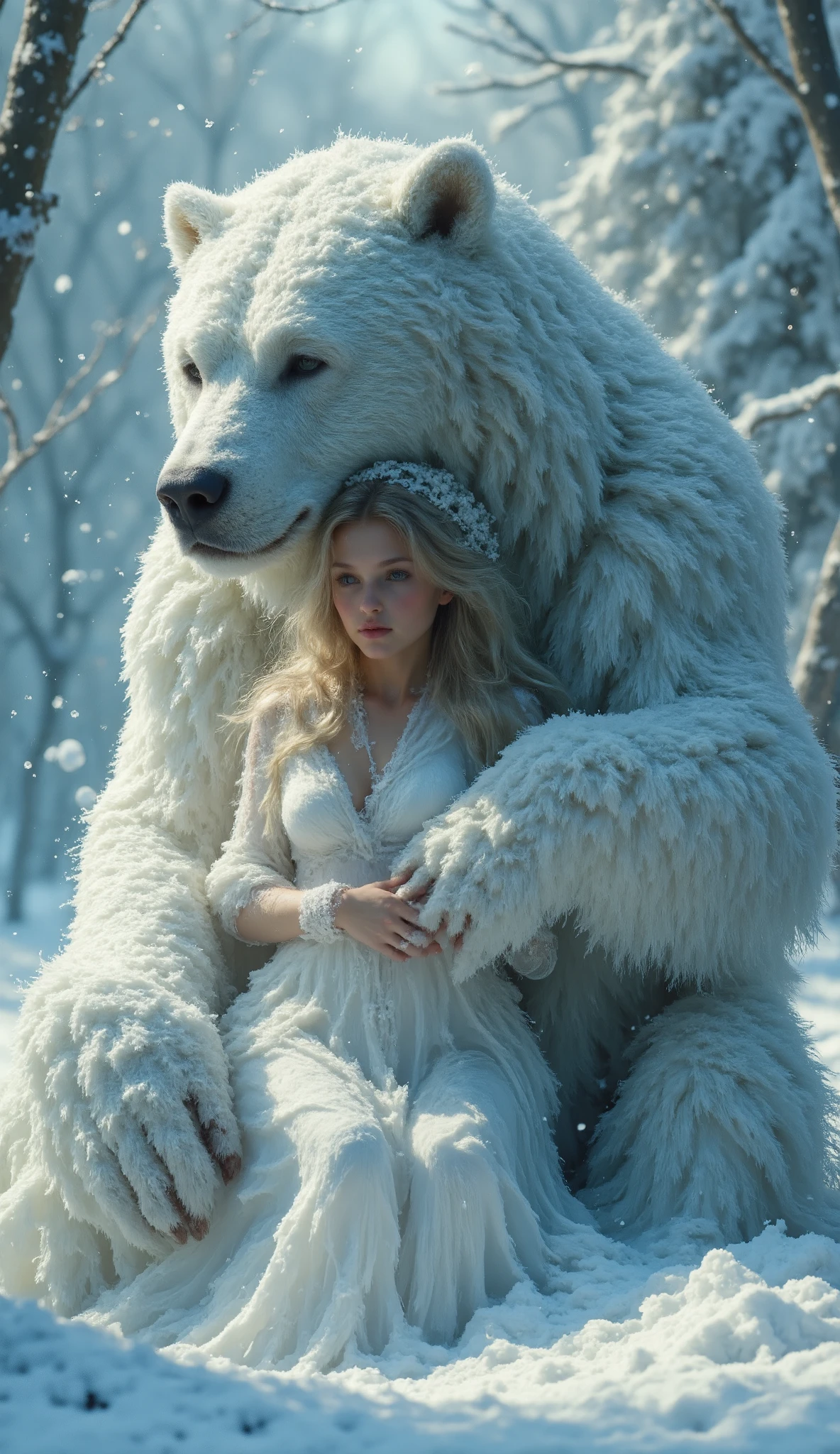 As dawn breaks over the frost-covered landscape, a serene girl stands among trees adorned with rime ice. The soft blue light of early morning enhances the ethereal atmosphere. She is embraced by a giant, thick-bear, its enormous size creating a protective and magical presence. The bear's dense fur blends harmoniously with the intricate ice crystals. Snowflakes swirl around them, adding a whimsical touch to the scene. Her white outfit contrasts beautifully with the bear's fur, amplifying the serene and emotional connection between them.