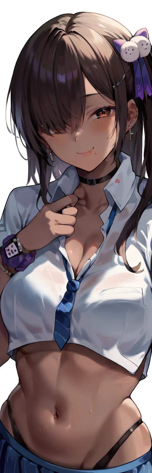 (Best Quality:1.2),1girl, front view,whole body, standing,  Watch viewers,  pubic skin, Dark Skin,  brown eyes, Hair on one eye, Brown Hair,  long hair,  side ponytail,  hair clip, hair accessories,  purple ribbon on the front of the body,  ear earrings,  choker ,  collared shirt , Short sleeve,  blue tie,  crop top, highleg panties,  blue skirt,  pleated skirt,  holding white socks ,   Loose Socks , Black shoes, single calf strap,  black nails ,  Single Wrist Scrunchy,  upper body red ,  close-up, smile,   Closed Mouth 