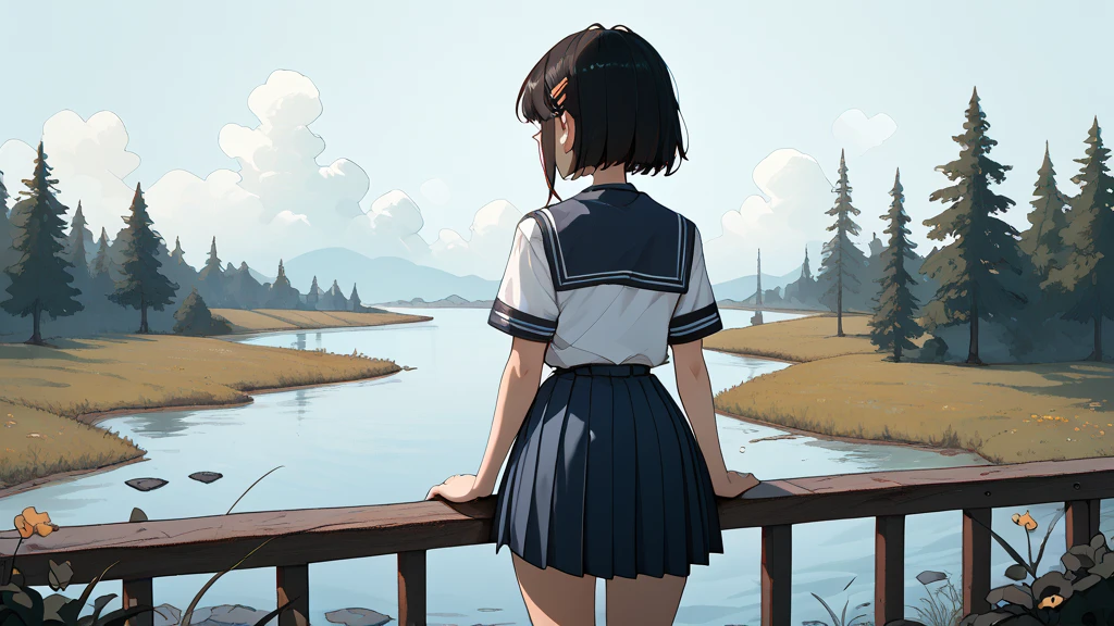 Lonely back view of a high school girl in uniform on the river embankment and her stray puppy