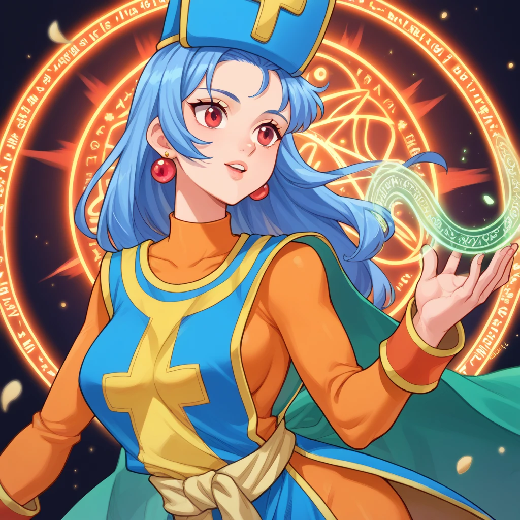  1 girl,Alone, Priest (dq3), blue hair, red eyes,
 Bodysuit ,orange  Bodysuit ,Tabard,Mithra, magic ,green  magic  circle, emerald,, score_9,score_8_ up,score_7_ up,score_6_ up,score_5_ up,score_4_ up,