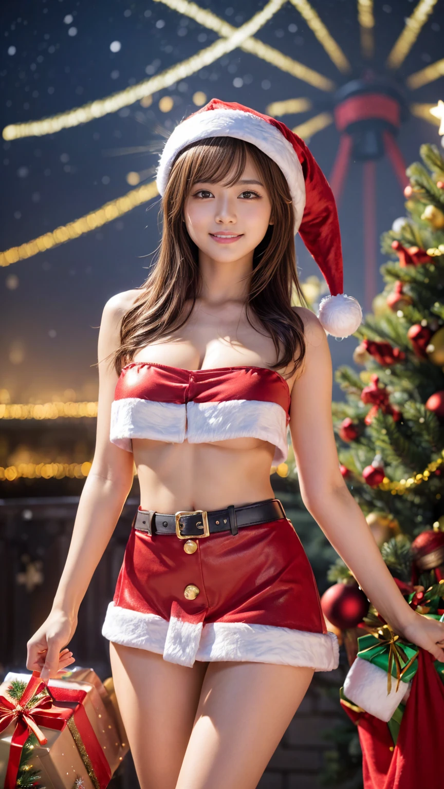 1girl, santa girl, santa claus girl, pretty face, long stomach, helpless, begging face, pov hands,, hands tied up, in restraints, handcuffed, pulled by another, lifted by another, grabbing, pulling, pull up bra, open shorts without buttons , shorts, christmas outfit, white skin, navel tickled with fingers, hands raised, tied in tree, helpless, whole body, navel, in winter, in water, night, raped