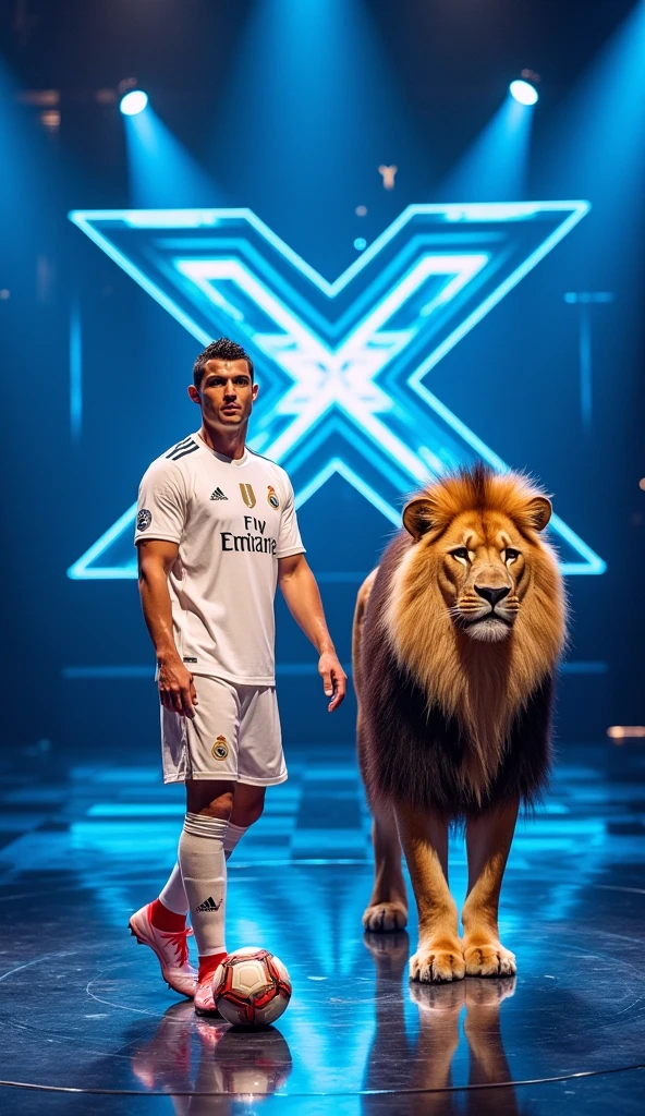 Un lion blanc debout comme un humain et qui porte le maillot du fc juventus sur un terrain de football