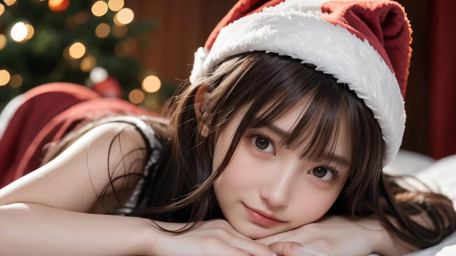 winter night, lying down on the bed, a girl dressed as Santa Claus hat, lots of gift boxes, fidgeting, with a shy smile, blushing, wavy long length hair, pale orange and brown hair, pompadour hairstyle, twisted bangs, beautiful white-colored translucent skin, slendar figure, adult sexiness, alluring, glossy face, cold and shivering, with the main character posed in the nearly center, close-up shot, horizontal landscape images, {realistic}, {cinematic}, {photogenic}