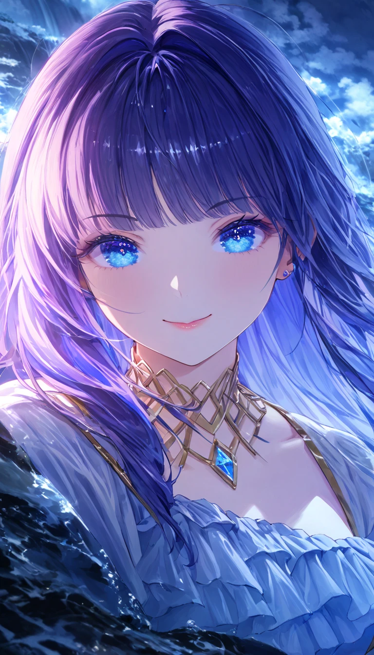 ((High resolution, accurate, Best Quality, masterpiece, Unity 8k wallpaper)), 1girl, (full body portrait), gorgeous face, giant colored hair, perfect hair, bangs, perfect eye detail, happy expression, lips, smiling, gold bikini, bikini detail, ((shiny glossy clothes)), medium breasts, background scenery, river, dark night, night light, moon, cloud, clear blue water, baby blue water floor, ultra detailed water, environment details, plants on the sides, waterfall in the background, waterfall details, almost transparent water,