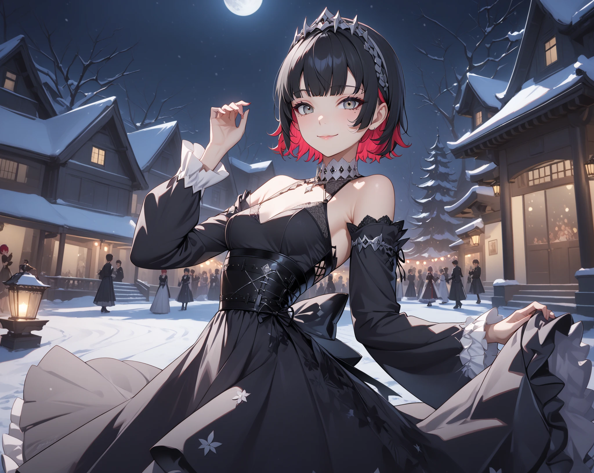 score_9, score_8_up, score_9_up, source_anime, close up photo,  beautiful face, smiling, ellenjoe, night, passionless,  closed mouth, ellen joe, black hair, moonlight, japanese party, night winter,  party, fantasy party, fantasy night dress, night party, snow, sexy body, very small breasts,  colored inner hair, multicolored hair, grey eyes,  sadic, total black outfit, dancing alone, sadistic eyes, red hair,  short hair,  two-tone hair, shoulders covered, shoulders covered by the dress, not loooking at the viewer, winter long dress, dance long dress, gothic dress, winter dress, cozy dress, ghotic lolita dress, sideboobs, ghotic dress, lace black dress, winter dress, cozy dress, covered shoulders, black dance dress, dress for dancing, winter sleeves, glitter in the corset, shoulders covered by sleeves, long sleeves, long shirt, black corset with silver decorations, gala elegant dress, winter dress, elegant dress, long skirt dress, night, arms behind her back, lace collar, sexy body,  small breasts, two-tone hair,  beautiful eyes, beautiful legs, sexy legs, solo, fantasy world, night, beautiful eyes