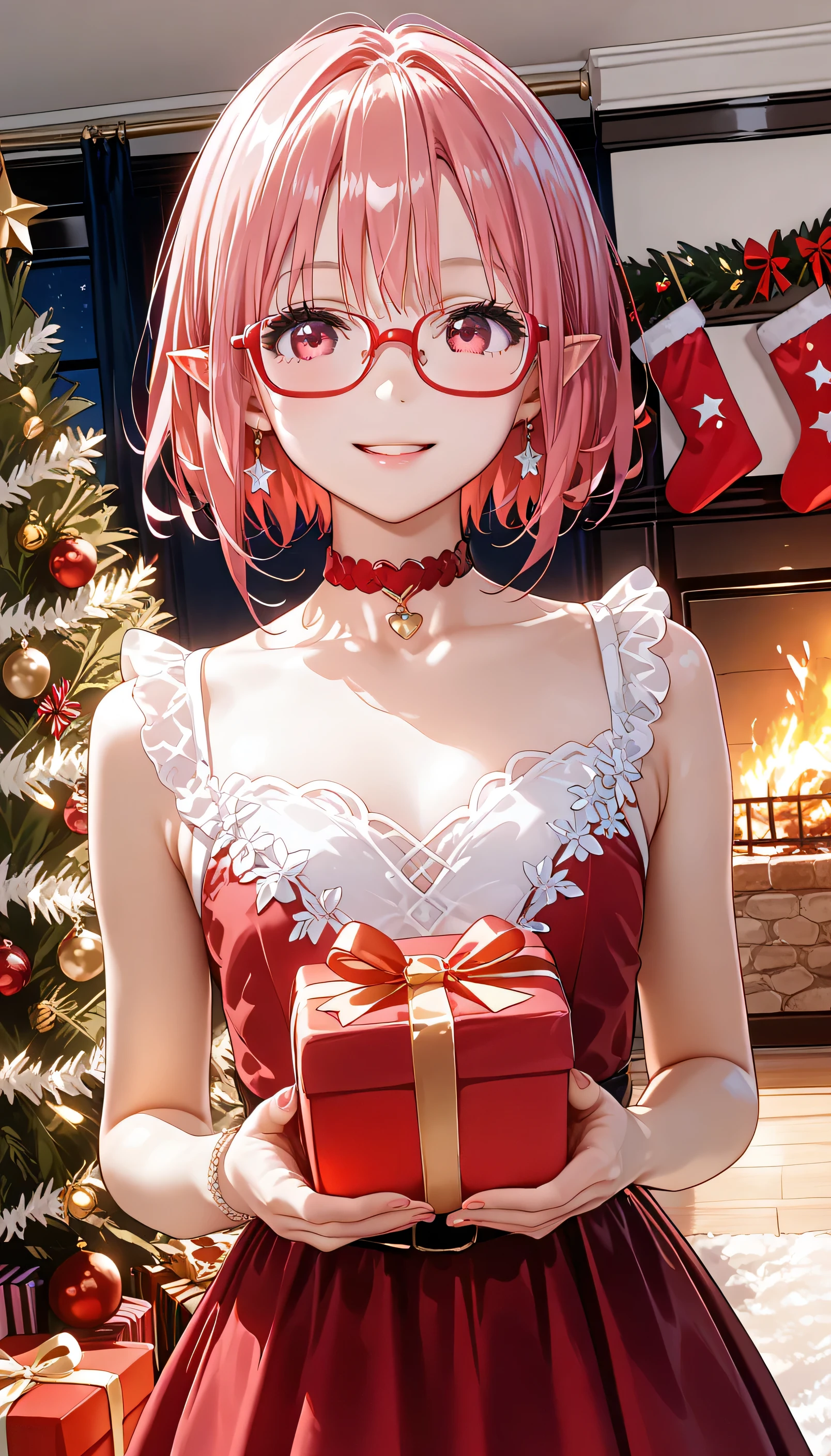 ​masterpiece、 top quality、  super detailed   ((((:1.8、:1.5、 young woman))))  one girl , Beautiful lighting、１ girl、((( Adorable )))、((( party dress :1.5、 holding a present in hand)))、 (((  red glasses)))、A little blush、Young Face、Tiny Wren 、 girl and、cute、（  shiny lips：1.1）、（  beautiful eyes：1.1）、  close their mouth 、Beautiful Hair 、  short hair、  bob cut、  pink hair、  red glasses、  pink eye、Elf Ears、 、  flat chest、smile、masterpiece、 top quality、  high definition  、 cowboy shot:1.5、((indoor、living、night、 snow outside the window、 Christmas Party、fireplace、 christmas tree))