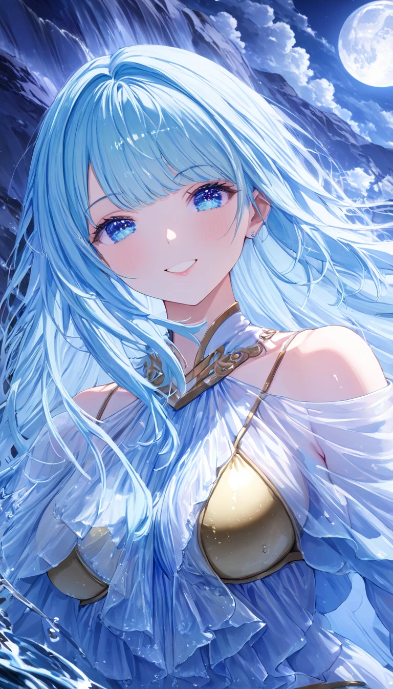 ((High resolution, accurate, Best Quality, masterpiece, Unity 8k wallpaper)), 1girl, (full body portrait), gorgeous face, giant colored hair, perfect hair, bangs, perfect eye detail, happy expression, lips, smiling, gold bikini, bikini detail, ((shiny glossy clothes)), medium breasts, background scenery, river, dark night, night light, moon, cloud, clear blue water, baby blue water floor, ultra detailed water, environment details, plants on the sides, waterfall in the background, waterfall details, almost transparent water,