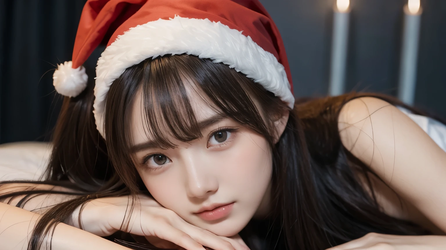 winter night, lying down on the bed, a girl dressed as Santa Claus hat, lots of gift boxes, fidgeting, with a shy smile, blushing, wavy long length hair, pale orange and brown hair, pompadour hairstyle, twisted bangs, beautiful white-colored translucent skin, slendar figure, adult sexiness, alluring, glossy face, cold and shivering, with the main character posed in the nearly center, close-up shot, horizontal landscape images, {realistic}, {cinematic}, {photogenic}