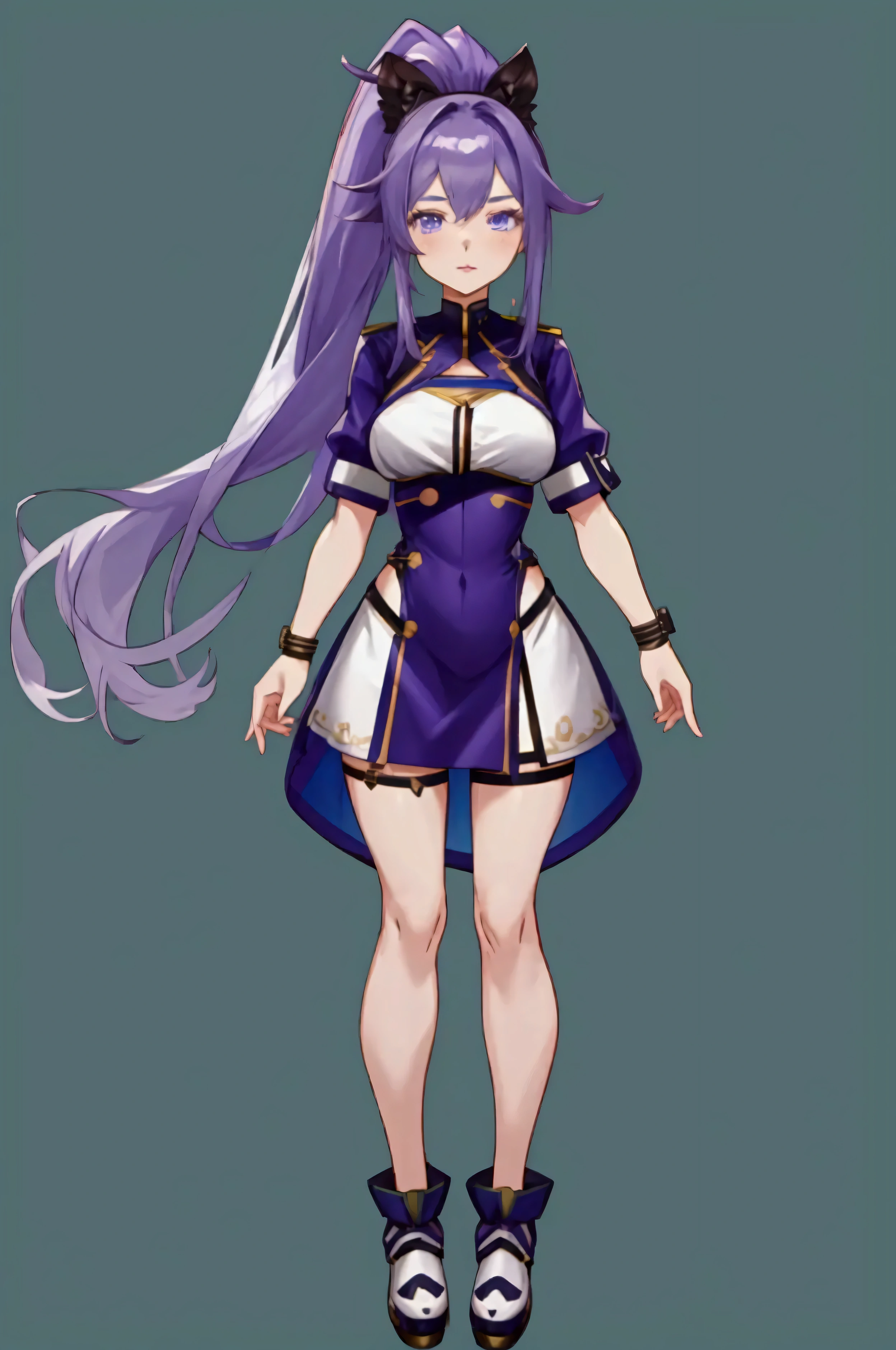 (full body), ((simple blue chroma background)), 22-year-old ponytail hair, purple eyes, anime-long style 2000, short dress tight with golden detailing, breasts bigger than her head, flirty look, lipstick, 4k, hd, self-definition, good image quality and lined, (vtuber-fullbody),