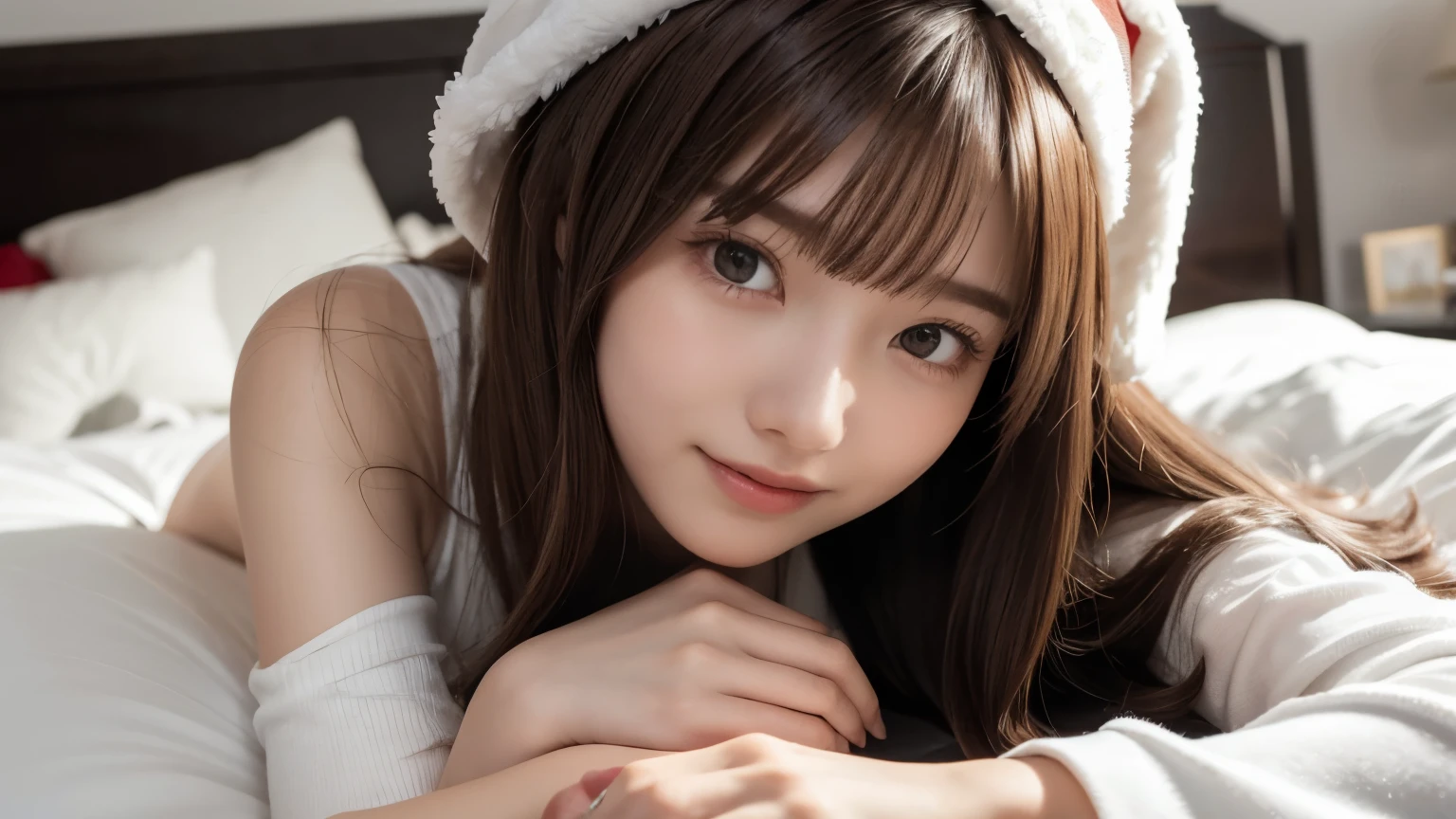 winter night, lying down on the bed, a girl dressed as Santa Claus hat, lots of gift boxes, fidgeting, with a shy smile, blushing, wavy long length hair, pale orange and brown hair, pompadour hairstyle, twisted bangs, beautiful white-colored translucent skin, slendar figure, alluring, glossy face, cold and shivering, with the main character posed in the nearly center, close-up shot, horizontal landscape images, {realistic}, {cinematic}, {photogenic}