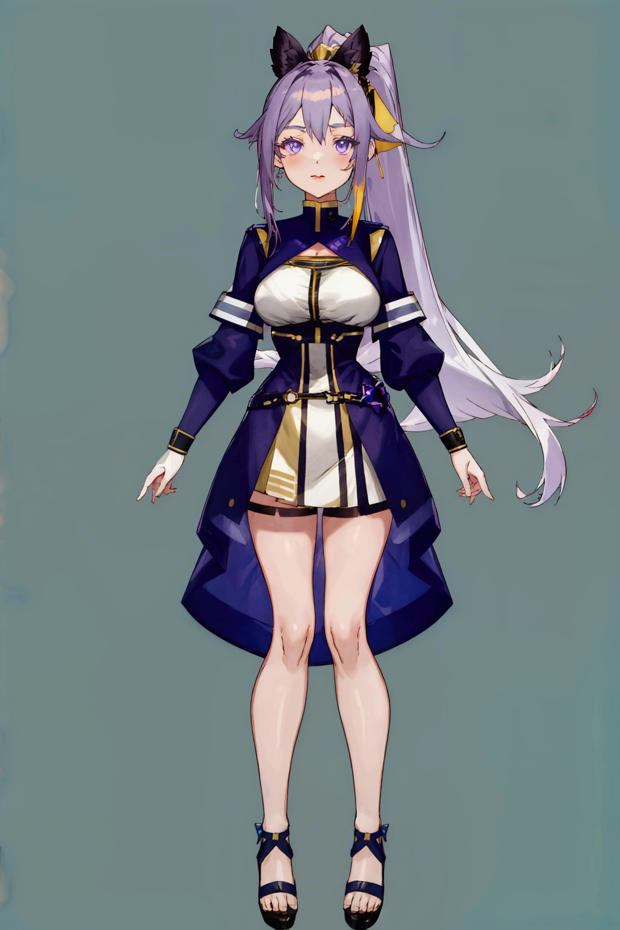 (full body), ((simple blue chroma background)), 22-year-old ponytail hair, purple eyes, anime-long style 2000, short dress tight with golden detailing, breasts bigger than her head, flirty look, lipstick, 4k, hd, self-definition, good image quality and lined, (vtuber-fullbody),