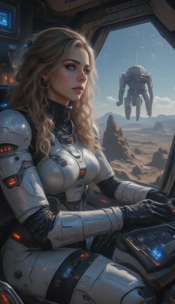 masterpiece, 8k, HDR, 3 D, best quality, photography, analog style, real life, extremely beautiful, (highly detailed, intricately detailed), an image of a female pilot, (1female pilot), inside the cockpit of a Gundam, we can see in a vast asteroid field at the edge of known space, the lone Gundam floats silently above it, its armor shining under the light of the distant stars (1female), long curly blonde hair, blue eyes, with determination in her eyes, she watches the monitors as she searches for signs of the enemy