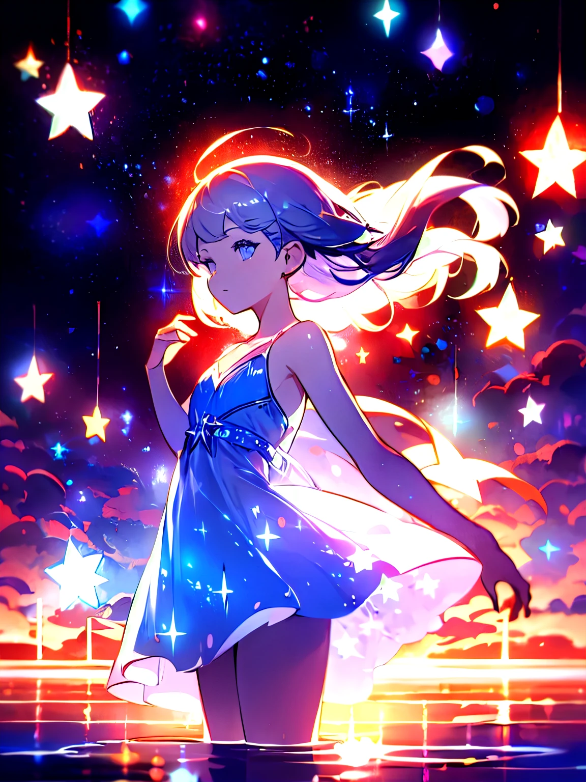 Silhuette of a ballerina, dress, Starry, water, sky, night, glowing, sparkle, Star, night sky, backlighting, light particles, floating hair, anime style, dark ultra long hair, absurdres, ultra detailed, masterpiece, best quality, aesthetic, detailed, high definition ,