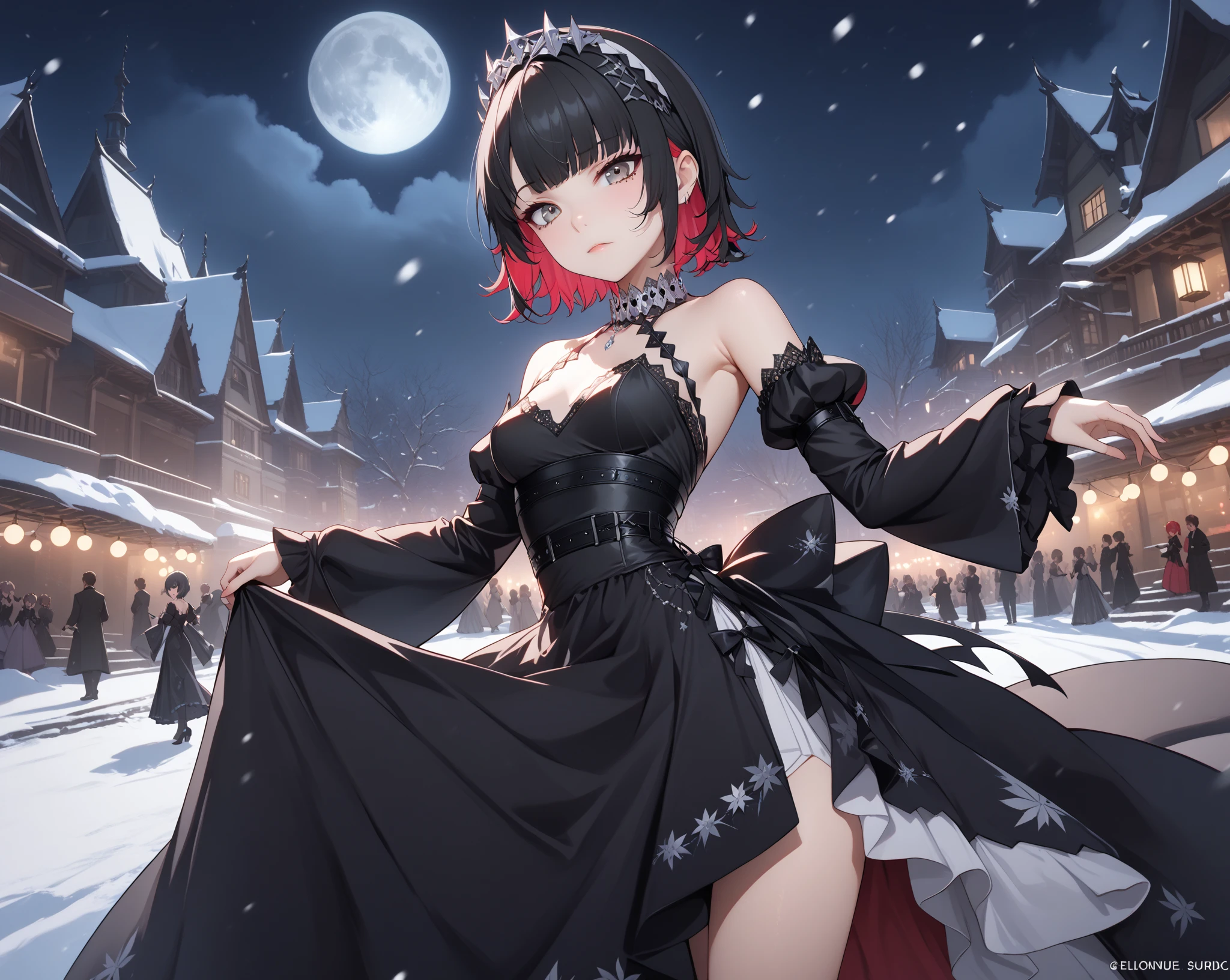 score_9, score_8_up, score_9_up, 1girl, source_anime, close up photo,  beautiful face, ellenjoe, night, passionless,  closed mouth, ellen joe, black hair, moonlight, japanese party, night winter,  party, fantasy party, fantasy night dress, night party, snow, sexy body, very small breasts,  colored inner hair, multicolored hair, grey eyes,  sadic, total black outfit, dancing alone, sadistic eyes, red hair,  short hair,  two-tone hair, shoulders covered, shoulders covered by the dress, not loooking at the viewer, winter long dress, dance long dress, gothic dress, winter dress, cozy dress, ghotic lolita dress, sideboobs, ghotic dress, lace black dress, winter dress, cozy dress, covered shoulders, black dance dress, dress for dancing, winter sleeves, glitter in the corset, shoulders covered by sleeves, long sleeves, long shirt, black corset with silver decorations, gala elegant dress, winter dress, elegant dress, long skirt dress, night, arms behind her back, lace collar, sexy body,  small breasts, two-tone hair,  beautiful eyes, beautiful legs, sexy legs, solo, fantasy world, night, beautiful eyes