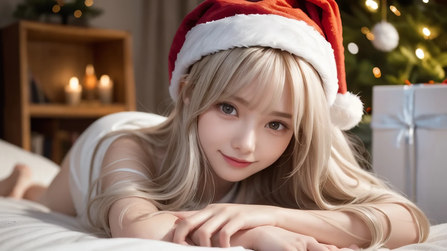 winter night, lying down on the bed, a girl dressed as Santa Claus hat, lots of gift boxes, fidgeting, with a shy smile, blushing, wavy long length hair, pale orange and white hair, pompadour hairstyle, twisted bangs, beautiful white-colored translucent skin, slendar figure, alluring, glossy face, cold and shivering, with the main character posed in the nearly center, close-up shot, horizontal landscape images, {realistic}, {cinematic}, {photogenic}