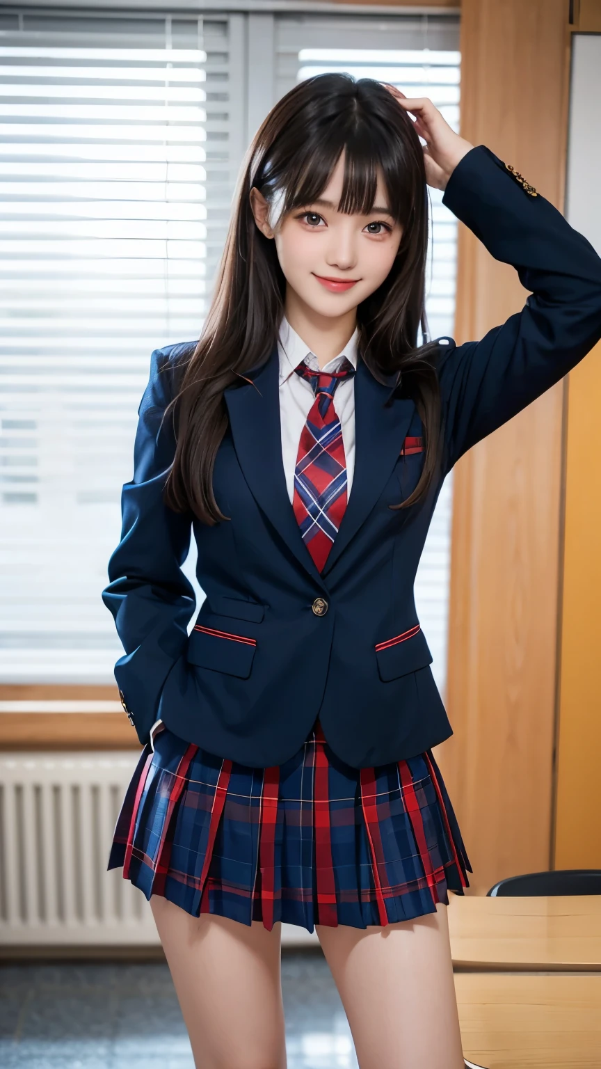 A pretty girl standing in a school classroom,Red Tie Uniform,dark blue closed blazer,blue plaid mini skirt,18-year-old,bangs,best smile,thighs,knees,random pose，pretty girl，slender girl，I&#39;m sitting at my desk in the classroom with my legs wide open.，white panties exposed，my skin is beautiful，Wear stylish sneakers，natural makeup，