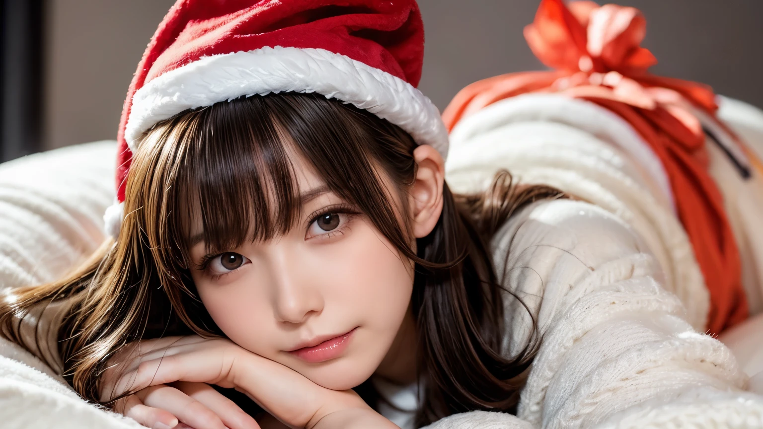 winter night, lying down on the bed, a girl dressed as Santa Claus hat, lots of gift boxes, fidgeting, with a shy smile, blushing, wavy medium length hair, pale orange and brown hair, pompadour hairstyle, twisted bangs, beautiful white-colored translucent skin, glamorous figure, adult sexiness, alluring, glossy face, cold and shivering, with the main character posed in the nearly center, close-up shot, horizontal landscape images, {realistic}, {cinematic}, {photogenic}