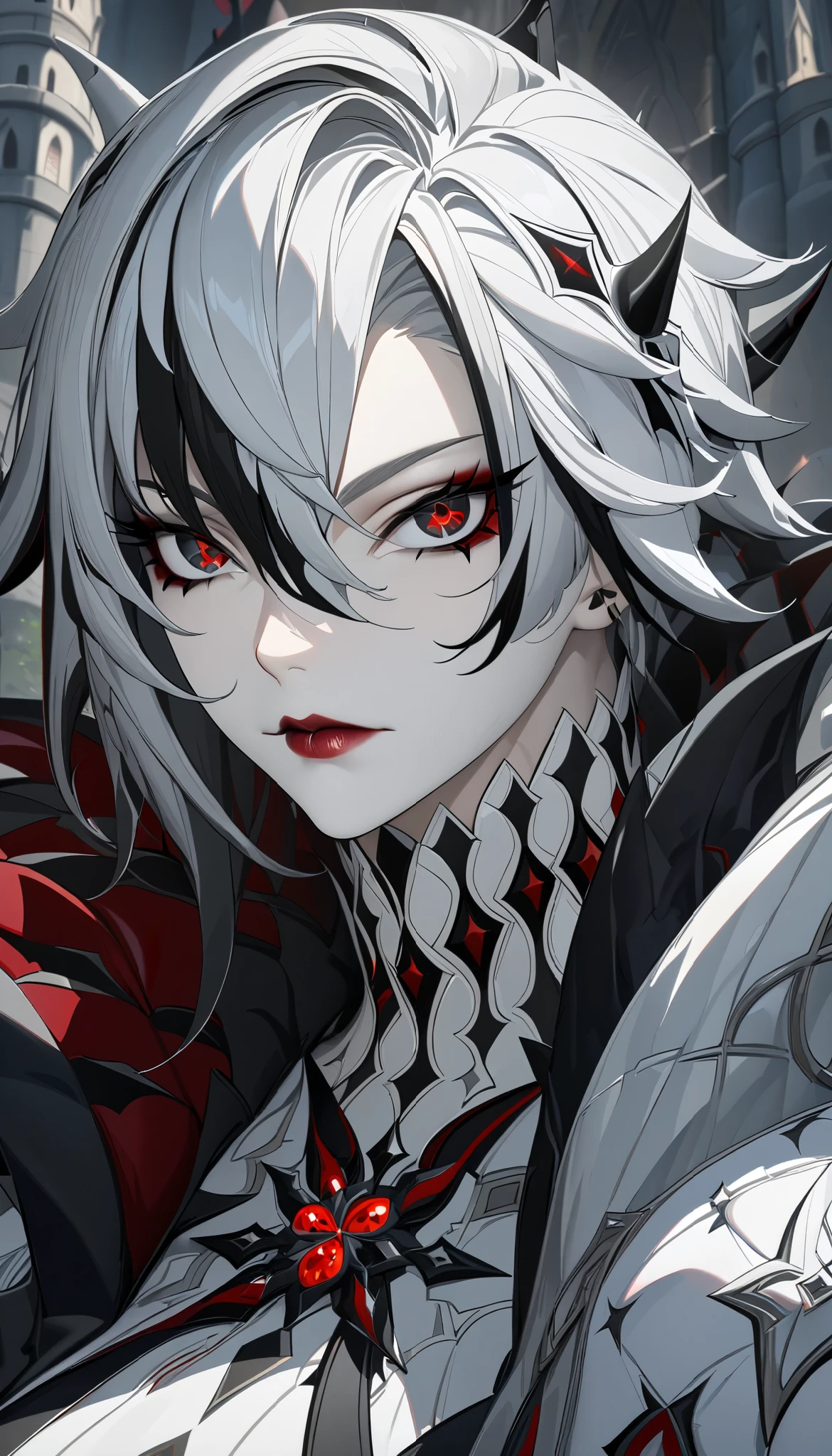 Adult woman, short gray hair, spike hair, red eyes, black eyeshadow, detailed lips, white aristocrat jacket, black tigh pants, large breasts, muscles, claws, castle, Arlechino from Genshin Impact, Masterpiece, best quality, Full HD, 8k, ultra details, great graphic, face focus, face shot, head shot, ((close-up))