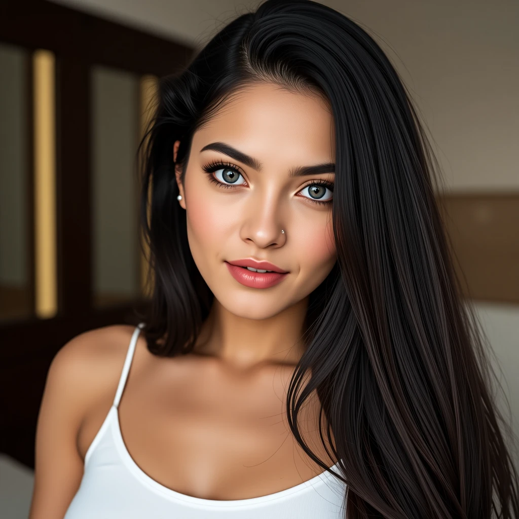 CREATE AN IMAGE OF A 50 YEAR OLD WOMAN, VERY BEAUTIFUL, Christian, image seen up to the waist ((FACING THE CAMERA)), MODERN AND BEAUTIFUL CLOTHING, LONG HAIR, PENETRATING LOOK blue eyes, black hair, perfect and symmetrical face, feeling confident, is recated