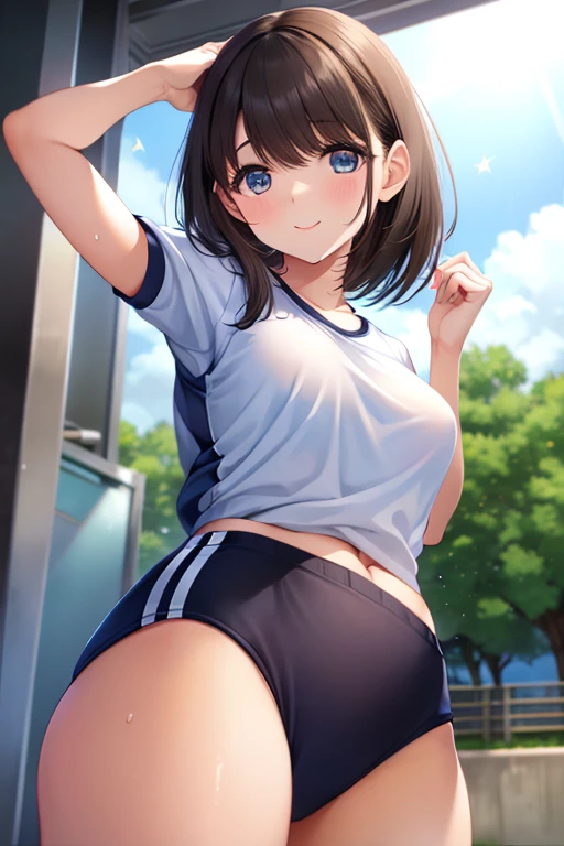 1 girl, Gym pants (color: Random), Tracksuit pants (color: Random), (School gym uniform, School bloomers), White gym uniform top, Four fingers are clearly visible., One defined thumb, (View viewers), break, sexy, ((alone)), (()), ((best quality)), ((masterpiece)), (familiar), Skin stretch marks, perfect face, 8k , (cowboy shot), break, Various hairstyles, ((short hair, long straight hair, twin tail, ponytail: Random)), break, (((Different eye colors: Random))), Beautiful princess, embarrassing, (The clothes are wet.), (((in the heat))), ((Very )), ((flat chest)), perfect limbs, (nipples are visible:0.5), sexy, Spread your legs and masturbate, girl masturbating, Love juice is flowing, At school at sunset, sexy pose, toe, beautiful detailed girl, beautiful breasts, Beautiful waist, beautiful vagina, beautiful thighs, very detail, hdr, masterpiece