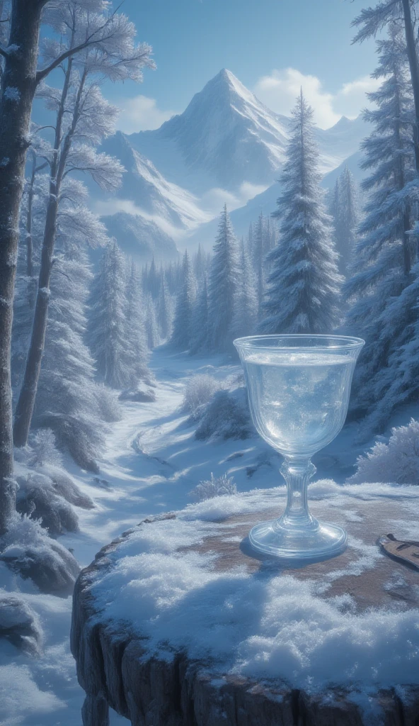 masterpiece, 8k, HDR, 3 D, best quality, photography, analog style, real life, extremely beautiful, (highly detailed, intricately detailed), A close-up image of an outdoor table and a glass goblet of water filled with rime ice from the cold morning in the mountains, where all the trees and branches are covered in a delicate layer of rime ice. The ice crystals sparkle in the soft sunlight, creating a dreamlike landscape. As you walk through the forest, the crunch of snow beneath your feet is the only sound breaking the silence. Every branch and leaf is adorned with a layer of ice, transforming the forest into a crystal cathedral. The cold, crisp air fills your lungs, and every breath produces a cloud of steam. The landscape is both serene and magical, with every detail frozen in ephemeral beauty