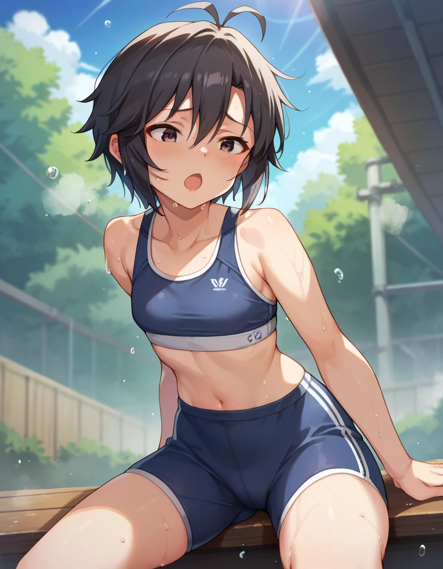 nsfw ntrgao Miyanoshita Satsuki, green eyes, brown hair, braid, long hair, hair bow,T-shirt sheer with sweat Sports Bra Light blue sports bikini Abandoned wooden school building classroom midnight Are standing Scared high resolution 4k