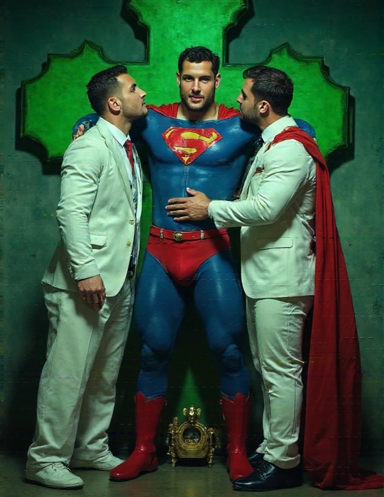 Domineering CEO wearing white suits and kiss superman. Domineering CEO  touch superman’s chest. a handsome man in a superman costume (think movie version of Superman-black undercut, blue tights and red cape and red boots and red briefs) Superman's limbs are placed on a green cross by Domineering CEO .The green light emitted from the cross. Superman's body became limp and he was covered in cold sweat. Superman's eyes were blurred and he was distracted Real.
photo，Hasselblad 500C/M Leica 120mm/F1.4，HDR