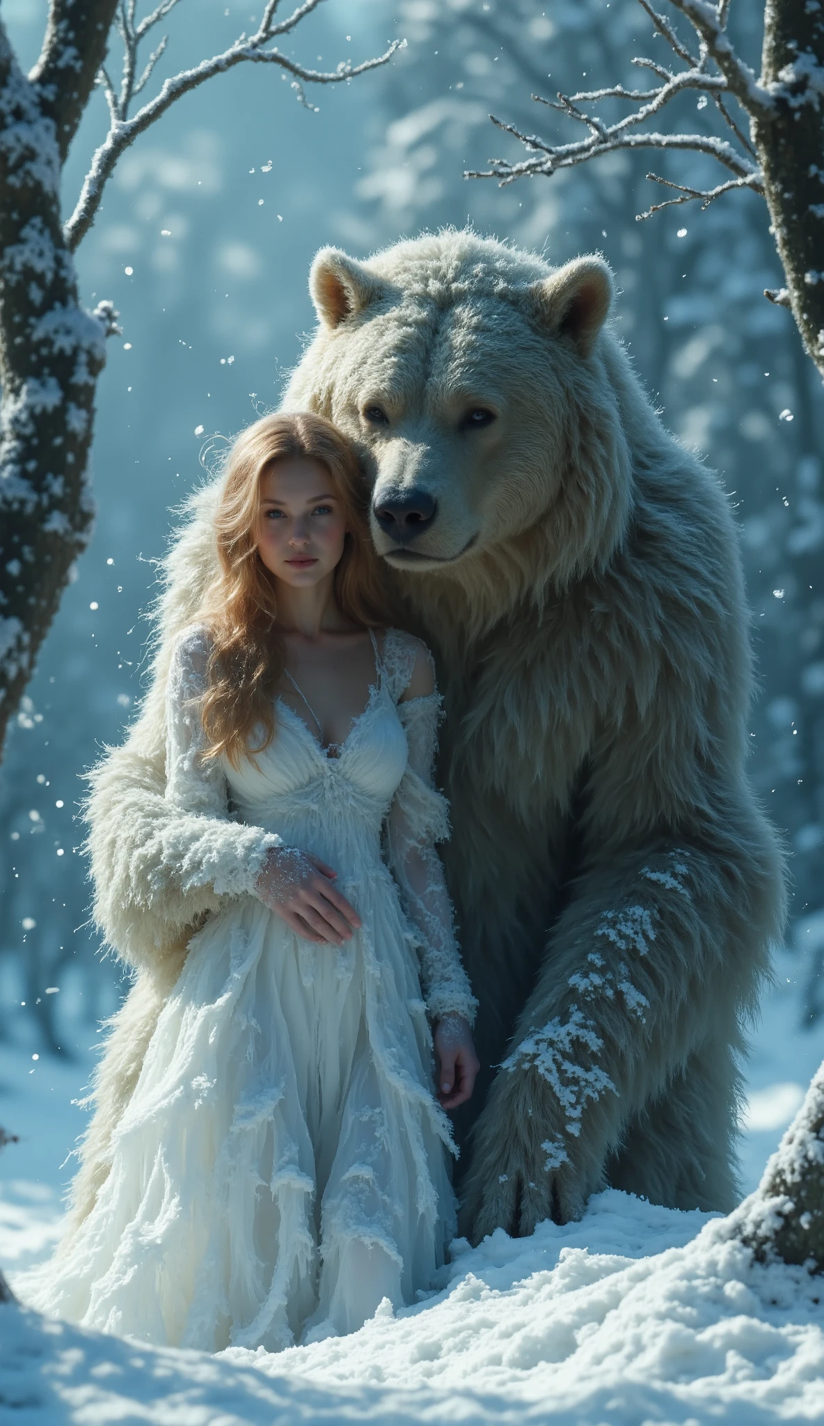 As dawn breaks over the frost-covered landscape, a serene redhead girl stands among trees adorned with rime ice. The soft blue light of early morning enhances the ethereal atmosphere. She is embraced by a giant, thick-bear, its enormous size creating a protective and magical presence. The bear's dense fur blends harmoniously with the intricate ice crystals. Snowflakes swirl around them, adding a whimsical touch to the scene. Her white outfit contrasts beautifully with the bear's fur, amplifying the serene and emotional connection between them.