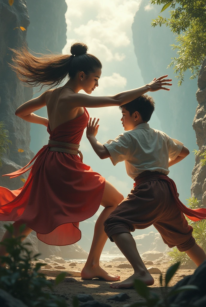A girl in saree flying kick a boys face