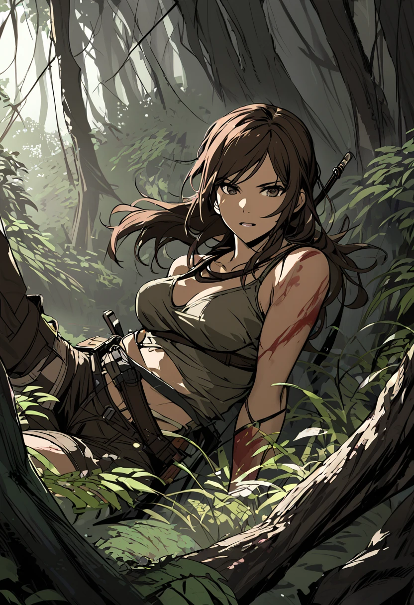 Lara Croft, from Tomb Raider, dead in a forest, her body is all bloody