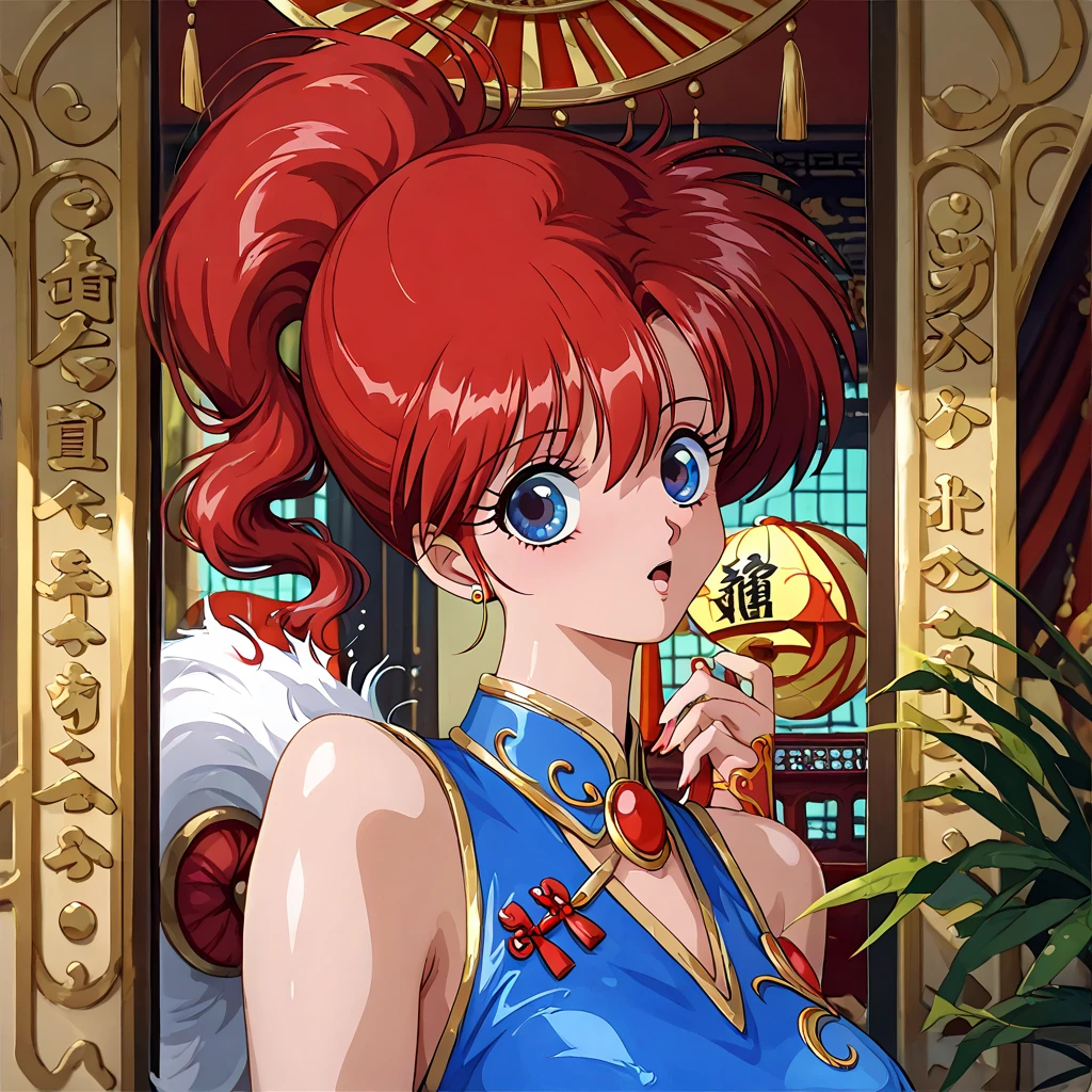 (( top quality )), ((masterpiece)), ( Details), （ perfect face）、The red-haired Yoko Asagiri, who has become a member of the Chinese Communist Party both physically and mentally, is in a luxurious Chinese palace wearing Chinese Communist Party formal attire、Asagiri Yoko became a Chinese wife and dedicated her life for China 