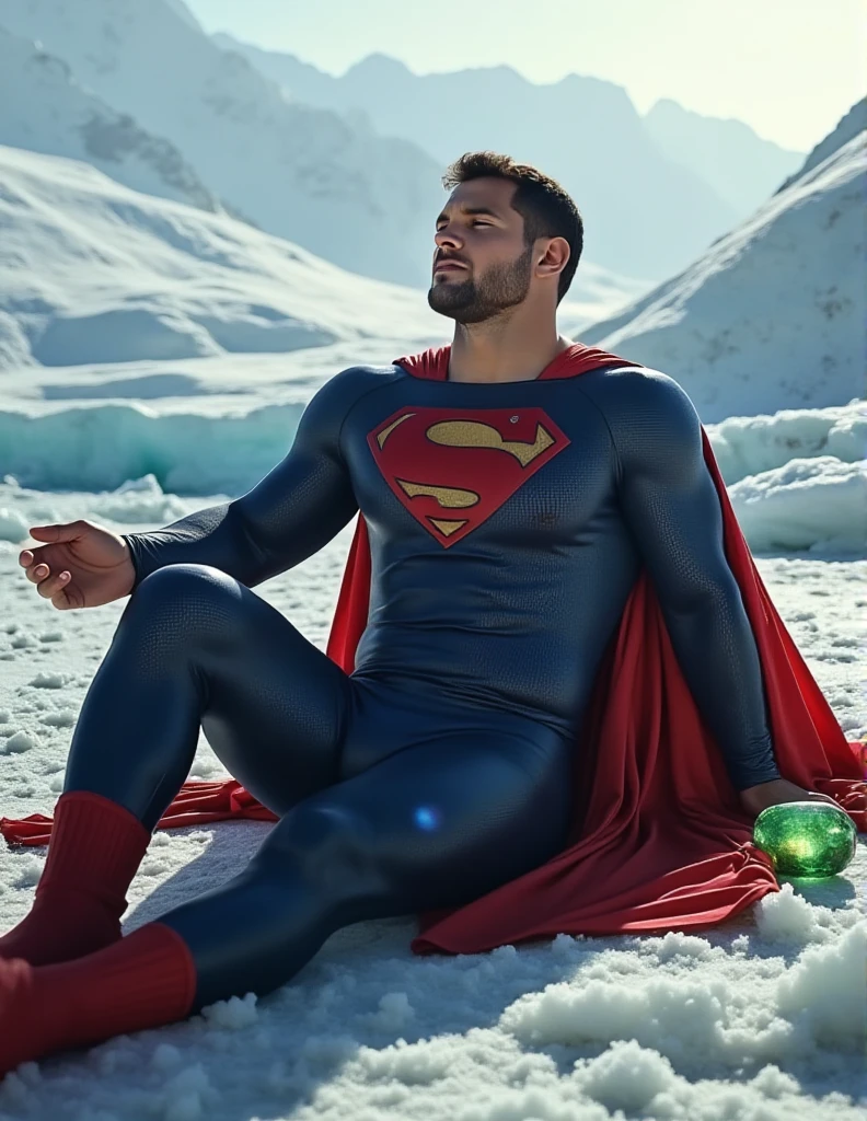 in a glacier full of sunlight .a buff man in a superman costume (think movie version of Superman-black undercut, blue tights and red cape and red boots and red briefs) An attractive Superman, is captured lying on the ground. he has a sexy and pained expression, his eyes are closed, suggesting that he is unconscious or incapacitated. He's trying to get up, his arm is outstretched. Near him is a glowing green crystal, probably kryptonite, that emits a bright light. Spider-Man sit next to superman .Spider-Man kiss superman. Spider-Man wears the classic red spider costume . full body photo