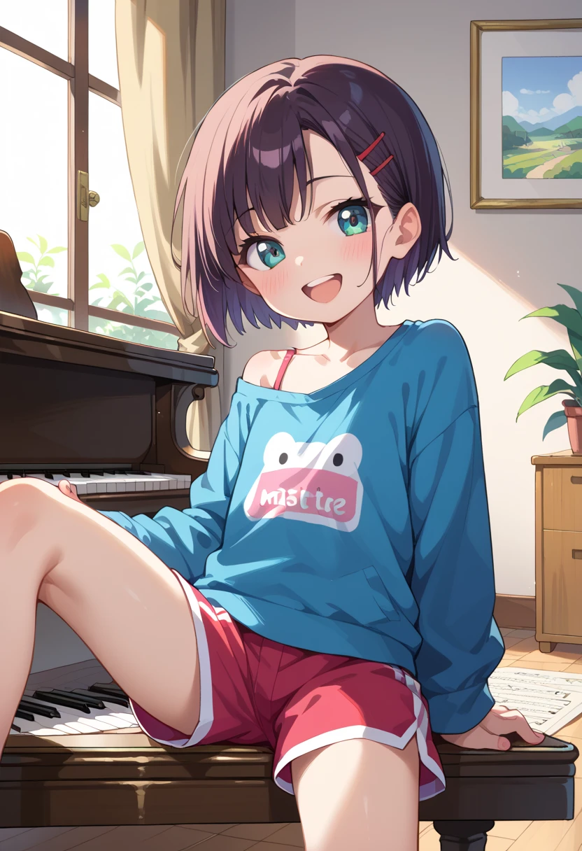 (( top quality )), ((masterpiece)), (be familiar with),  perfect face, indoor, bedroom,  watching viewers ,
One woman, Mikazuki Kan,
 open mouth,  ecstatic expression beside the piano, blush, smile,
 small ,  flat chest, Young girl, Lori,  ,  girl,
Short Hair,  short hair,
Leg spread,