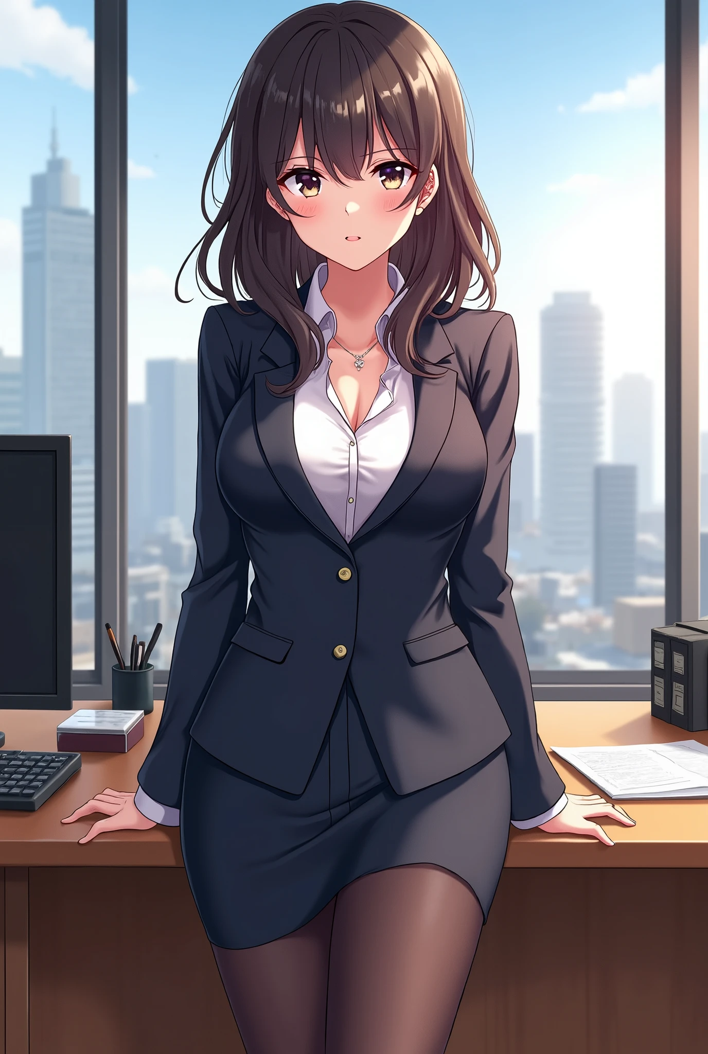 Anime business woman 
Stockings
Black bra and high heels